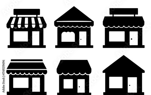 Silhouette icons of different small shops with awnings and doors in black and white.