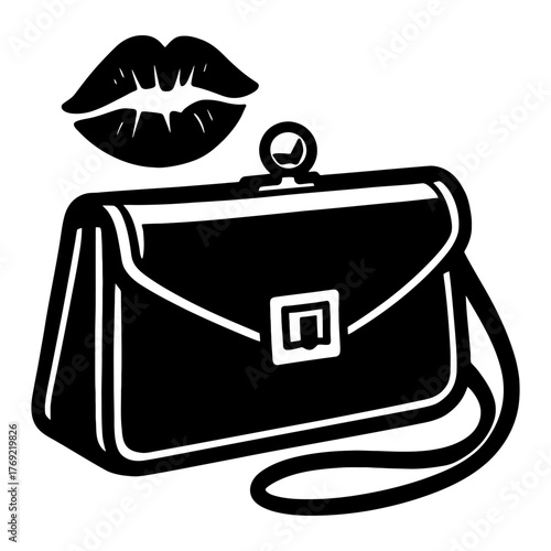 Black handbag with lip imprint icon design.