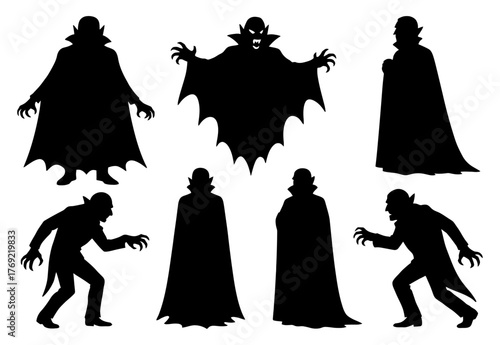 Silhouettes of classic vampires in dramatic poses on white background.