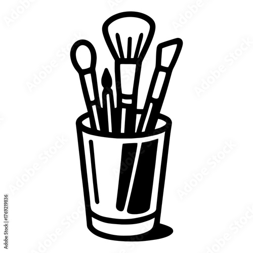 Black and white line drawing of makeup brushes in holder.
