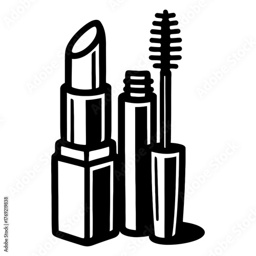 Black and white lipstick and mascara illustration.