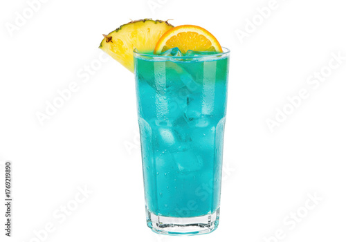 Photography Isolated blue cocktail with ice, a slice of pineapple, and a round orange garnis