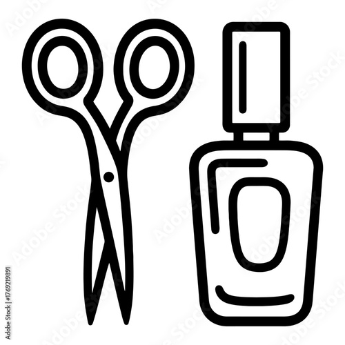 Outline drawing of scissors and nail polish bottle with cap.