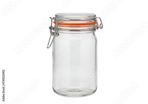 Isolated clear glass jar, hermetic closure, orange gasket, container for storing food
