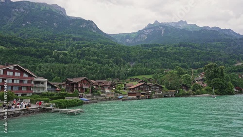 Lakeside Village and Green Mountains by Turquoise Lake Brienz, Switzerland,Filmed on 29 August 2025