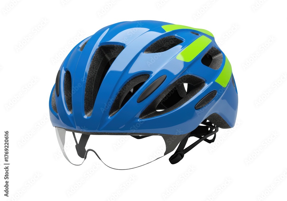 Fototapeta premium Isolated blue and green cycling helmet with visor for triathlon or road bike racing riders
