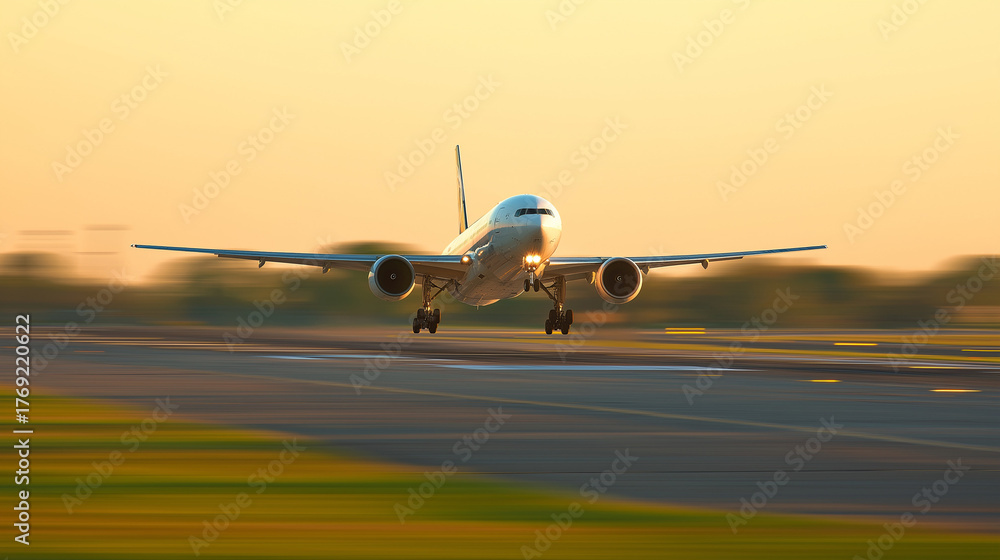 Naklejka premium aerodynamics. Commercial airplane taking off with motion blur and golden sunset lighting. inspiring travel planning, mobility guides, designed for mobility and urban transit guides.