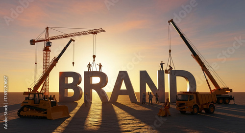Construction site scene, orange crane building letter. Concept of brand creation or development, teamwork, with sunrise and workers silhouettes