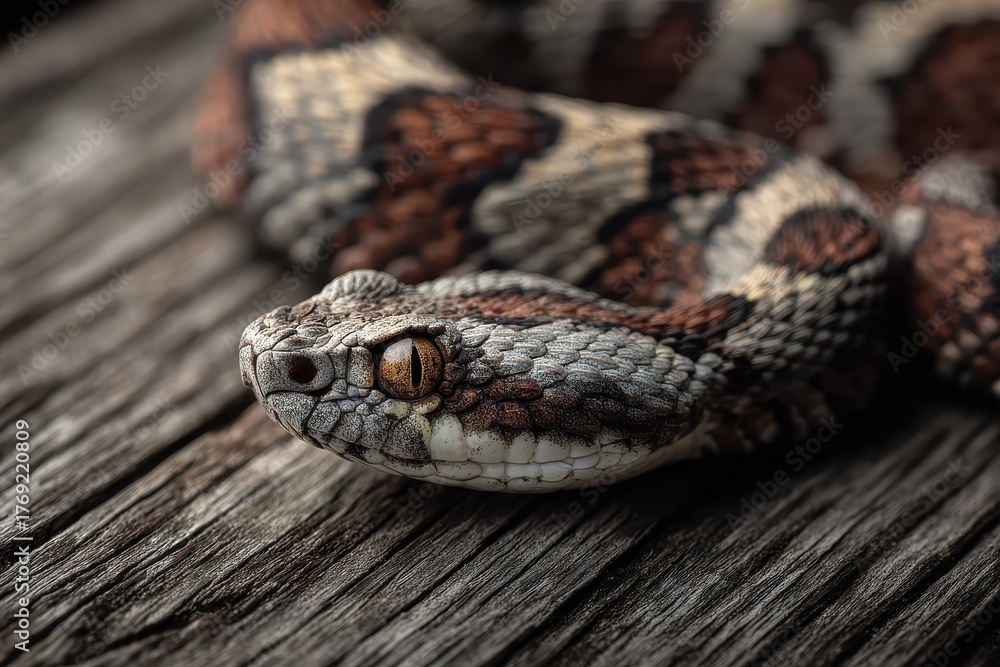 Obraz premium Realistic close-up of a viper resting on weathered wood in a natural setting showcasing its intricate scales and striking eyes