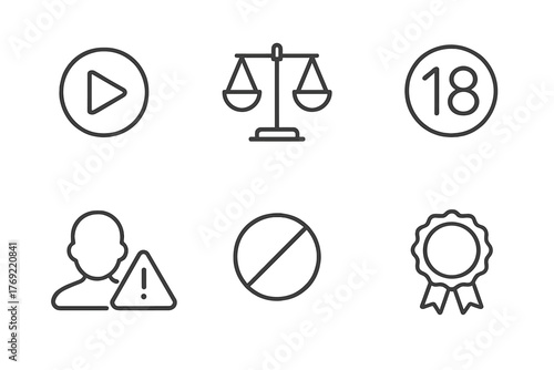 Line art icons: play, justice, age limit, user alert, restricted, award
