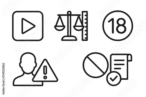 Legal and safety icons: play, scales, age restriction, caution, prohibit, checklist symbols