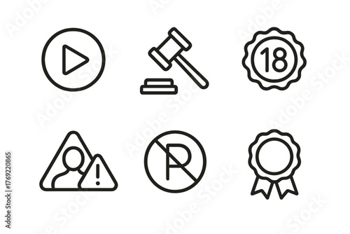 Legal and warning icons: play, gavel, age restriction, alert, reserved, award