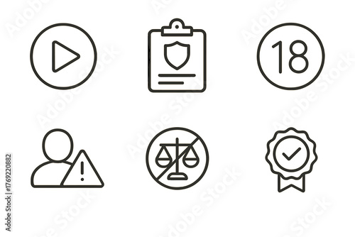 Interface icons: play button, age limit, user alert, security, no justice, certification badge