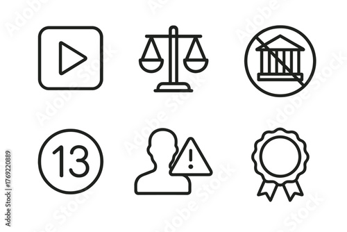 Icon set: play button, scales of justice, no banking, age limit 13, profile alert, award ribbon