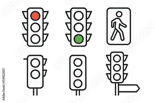 Traffic lights and pedestrian signal icons with red and green indicators