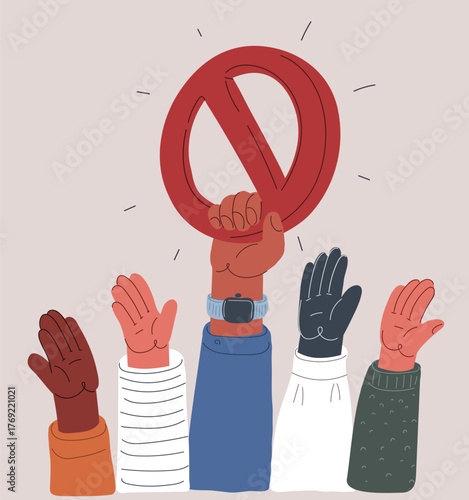 Cartoon vector illustration of a hand holding a prohibition sign surrounded by raised hands, symbolizing boundaries as enforcing rules within a group against dark background