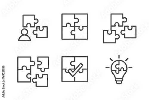 Set of puzzle and light bulb icons representing ideas and solutions
