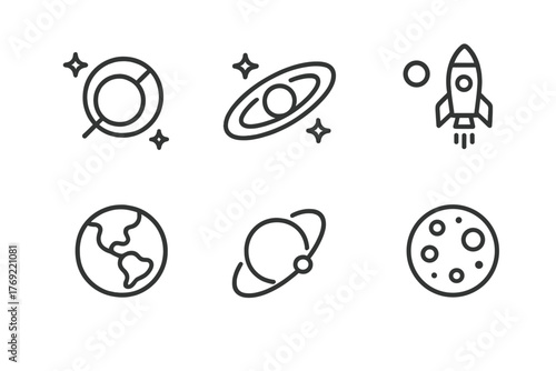 Space icons: magnifying glass, saturn, rocket, earth, saturn again, moon