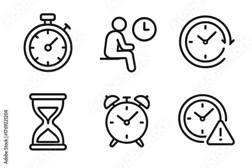 Time management icons: stopwatch, hourglass, clock, alarm, waiting symbol