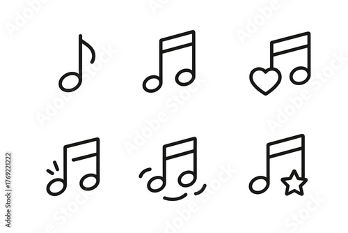 Set of musical note icons with heart and star variations on white background