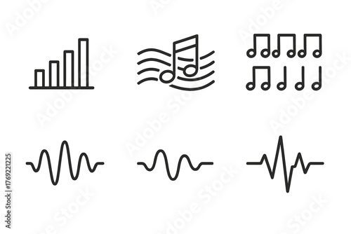 Minimalist music and sound wave icons: notes, bars, waves in black and white
