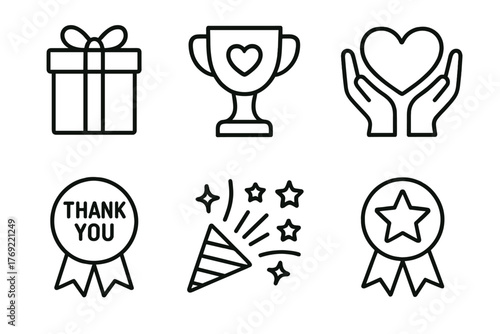 Gift box, trophy, heart, thank you badge, party cone, star ribbon icons