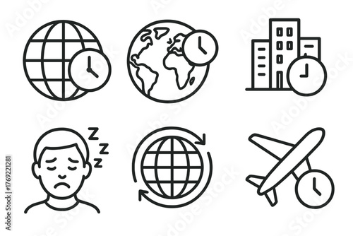 Time zones and jet lag concept with clocks, globe, buildings, male sleeping