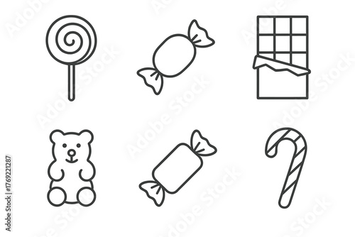 Outline icons of candy and chocolate - lollipop, candy, chocolate bar, gummy bear, candy cane