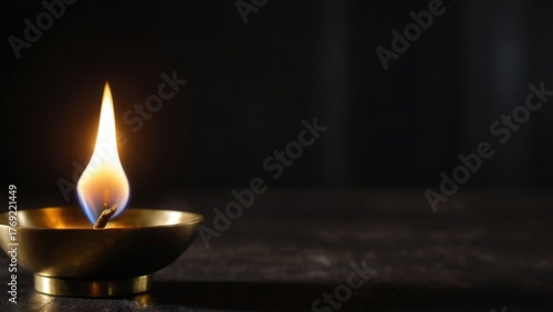 A small brass diya lamp with a single, bright flame, placed in front of a large sheet of brushed black metal. Elegant and minimal for spiritual or festive themes.