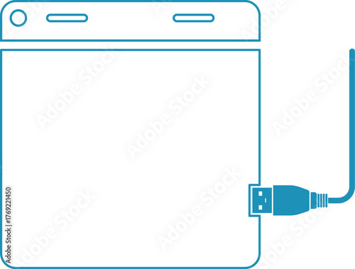 A graphics tablet connected to a power source, a blue vector icon of a tablet with a USB port