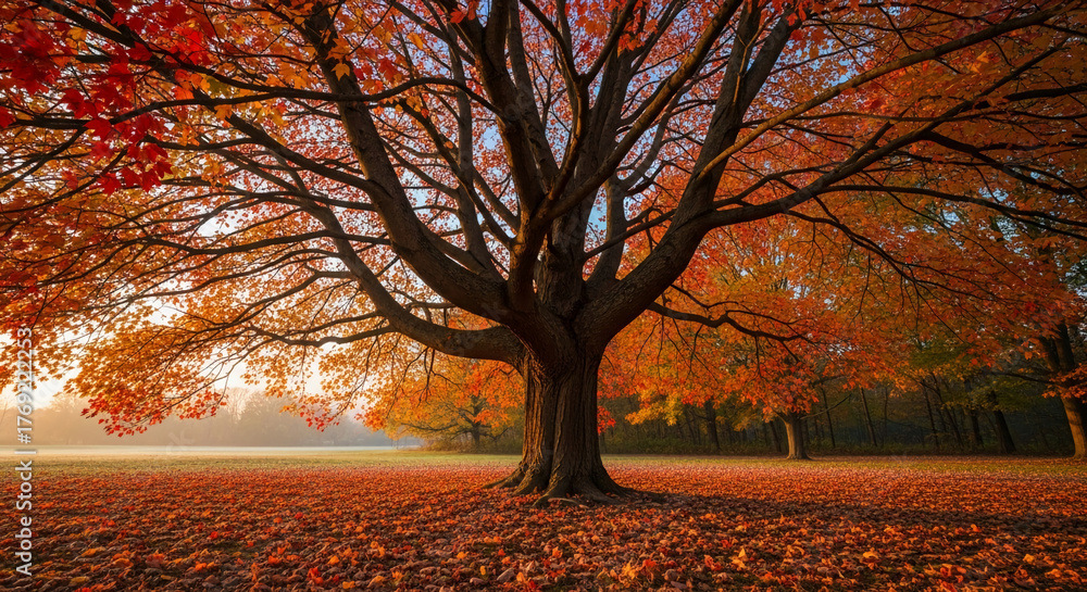 Fototapeta premium Majestic tree with vibrant orange and red foliage, fallen leaves covering the ground, representing autumn season and natural transition and beauty