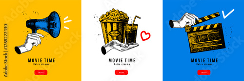 Collage set of sketch hand with clapperboard, megaphone and popcorn. Retro cinema and movie night background. Film studio, streaming platform, ticket service concept. Hand drawn vector illustration.
