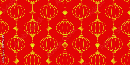 Geometric Asian line art seamless pattern with oriental traditional shapes flowers ornament, waves. Red and gold Japanese print for lunar chinese new year decoration. Luxury retro vector illustration