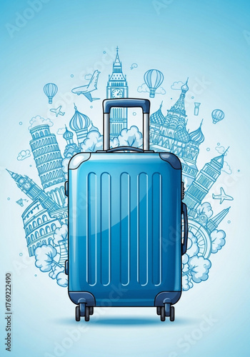 Travel the world vector illustration. A blue suitcase is surrounded by famous world landmarks, airplanes, and hot air balloons, representing a global vacation or holiday trip. Perfect for tourism post