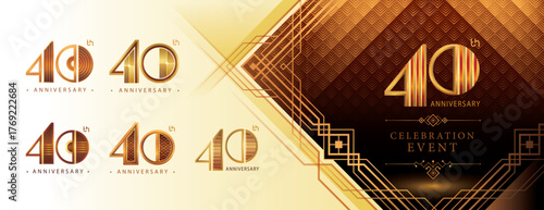 40th Anniversary logotype design, Forty years Celebrating Anniversary Logo Set, Great Gatsby Anniversary Logo, Gatsby Art Deco Number 40, Golden Elegant Classic Logo for event, invitation, greeting