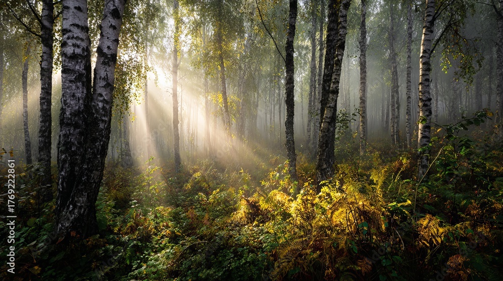 Obraz premium Golden sunbeams pierce misty birch forest canopy illuminating lush green undergrowth and dappled foliage