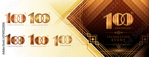 100th Anniversary logotype design, Hundred years Celebrating Anniversary Logos, Great Gatsby Anniversary Logo, Gatsby Art Deco Number 100, Golden Elegant Classic Logo for event, invitation, greeting