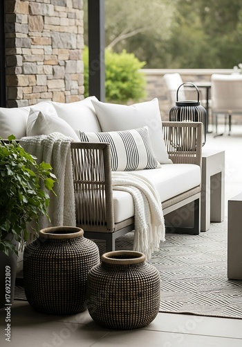 Cozy outdoor living space with a comfortable sofa, throw blanket, decorative pillows, and woven vases on a patio rug, creating an inviting ambiance for relaxation and entertaining