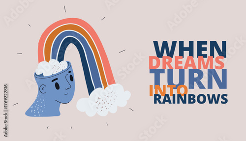 Cartoon vector illustration of a rainbow flowing out of a human head, symbolizing inspiration as expressing colorful ideas and optimism