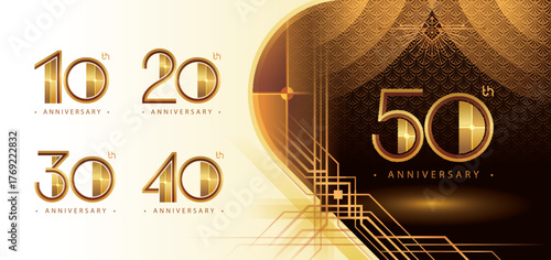 10 to 50 year Anniversary logotype design, Ten to Fifty years Celebrate Logo Set, Great Gatsby Anniversary Logo, Gatsby Art Deco Geometric Number 10,20,30,40,50, Golden Elegant Classic Logo for event