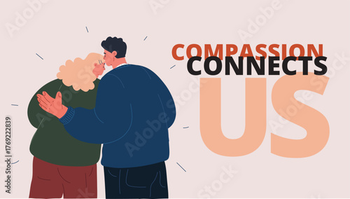 Cartoon vector illustration of a man and woman seen from behind, he kisses her head and gently embraces her, symbolizing comfort as finding reassurance and emotional support