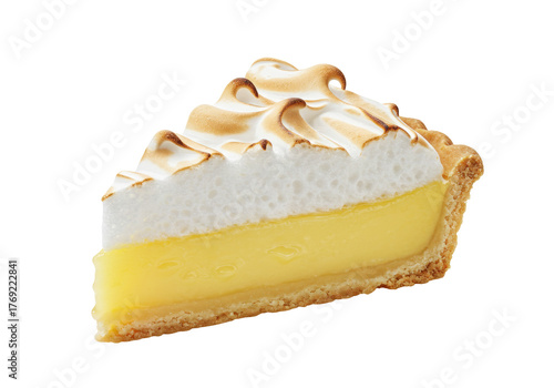 Isolated slice of lemon meringue pie with toasted meringue peaks and crisp crust, dessert