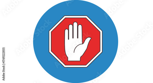 Stop hand symbol and octagonal sign on blue background, warning and prohibition concept