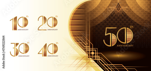 10 to 50 year Anniversary logotype design, Ten to Fifty years Celebrate Logo, Great Gatsby Anniversary Logo, Gatsby Art Deco horizontal lines Number 10,20,30,40,50, Gold Elegant Classic Logo for event