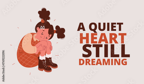 Cartoon vector illustration of a little girl sitting with her knees hugged, symbolizing introspection as quiet moments of reflection and thought