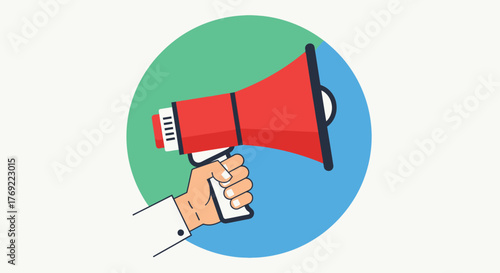 Hand holding red megaphone announcing loudly, communication concept