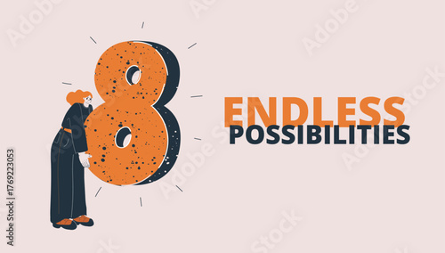 Cartoon vector illustration of a woman holding the number eight, symbolizing creativity as embracing endless possibilities
