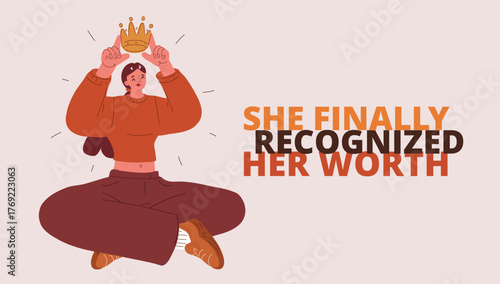 Cartoon vector illustration of a woman putting a crown on her head, symbolizing empowerment as claiming personal achievement and recognition