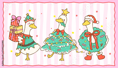 Festive Christmas Goose Set, Silly Geese Cartoon Character Hand Drawn Greeting Card Printable
