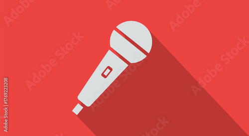 Simple white microphone illustration casting a long shadow on a vibrant red background, symbolizing communication and performance.
